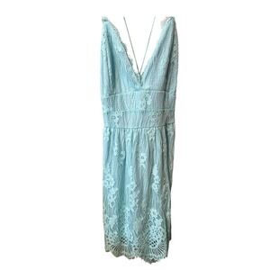 Aooksmery Fairycore Light Teal Floral Lace Open Back Cocktail Dress Size L NWT